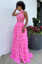 Pink A-Line Halter Neck Lace Top Long Tiered Chiffon Prom Dress