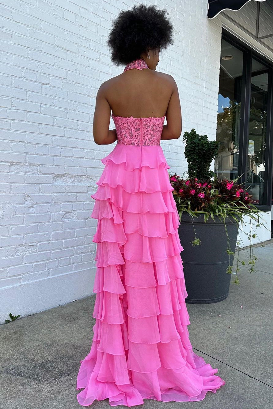 Pink A-Line Halter Neck Lace Top Long Tiered Chiffon Prom Dress
