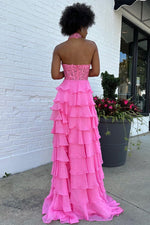 Pink A-Line Halter Neck Lace Top Long Tiered Chiffon Prom Dress