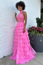 Pink A-Line Halter Neck Lace Top Long Tiered Chiffon Prom Dress