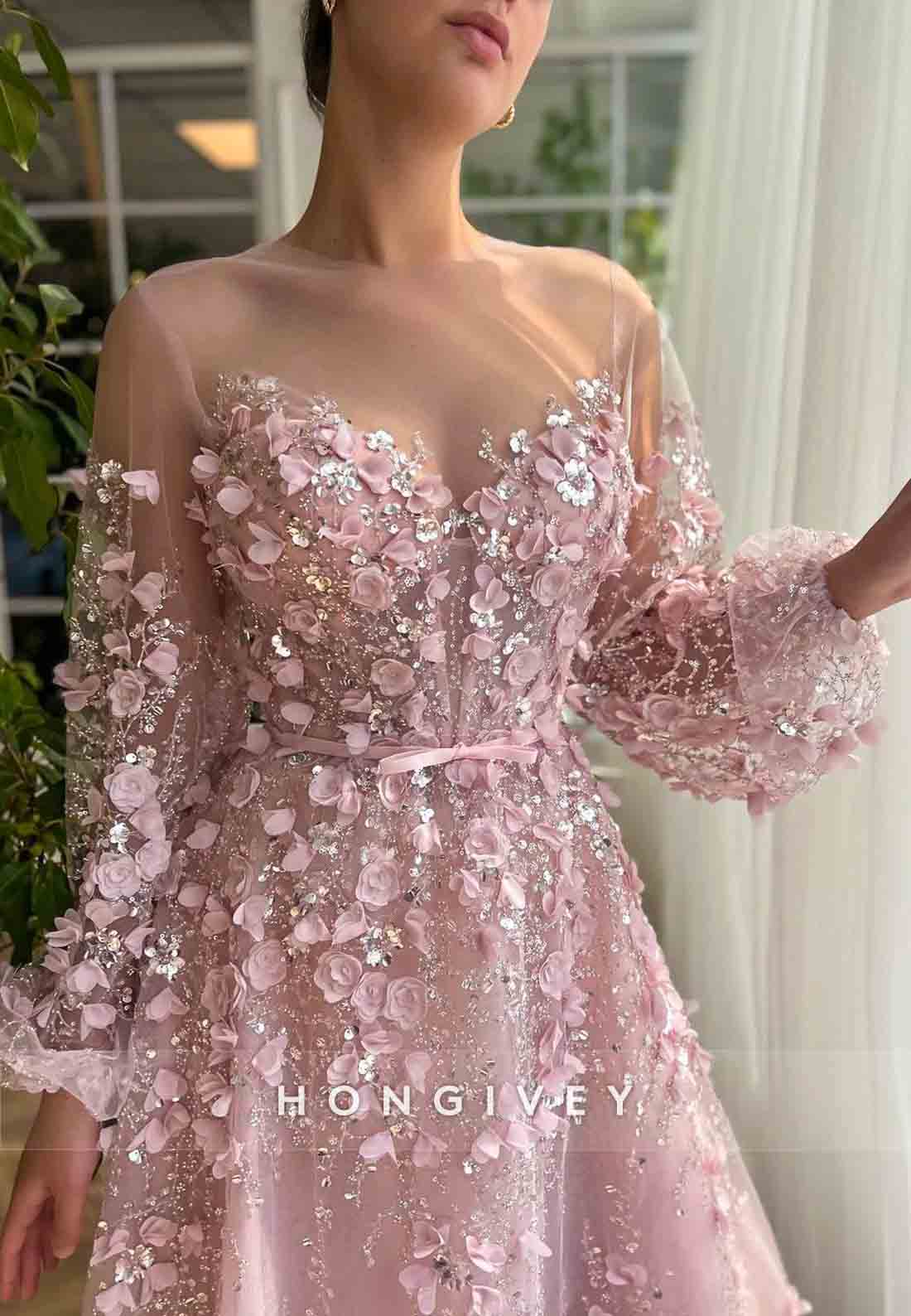 Pink A-Line Illusion Neck Long Sleeves Evening Gown with Embroidery