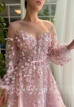 Pink A-Line Illusion Neck Long Sleeves Evening Gown with Embroidery