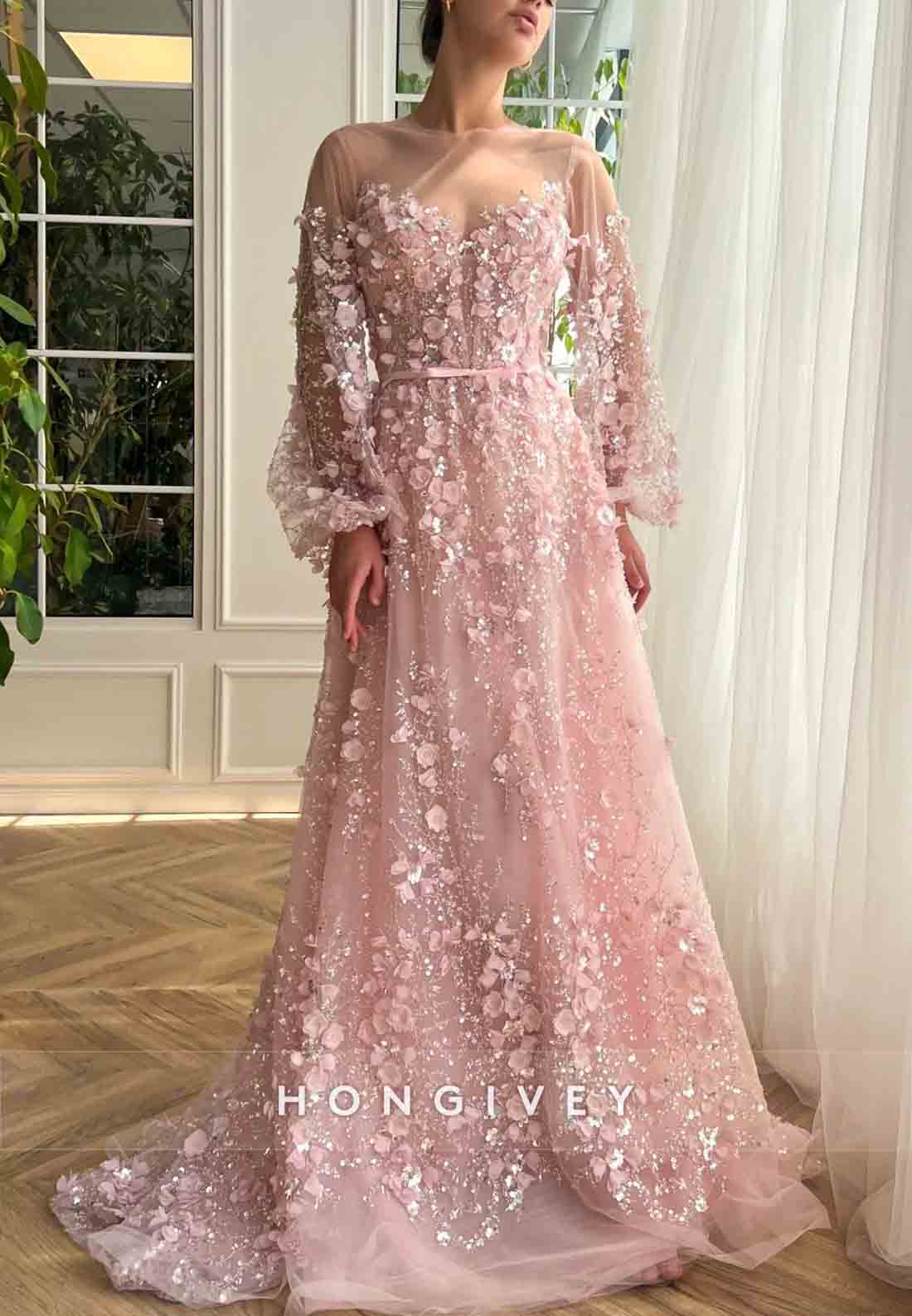 Pink A-Line Illusion Neck Long Sleeves Evening Gown with Embroidery