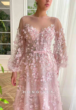Pink A-Line Illusion Neck Long Sleeves Evening Gown with Embroidery