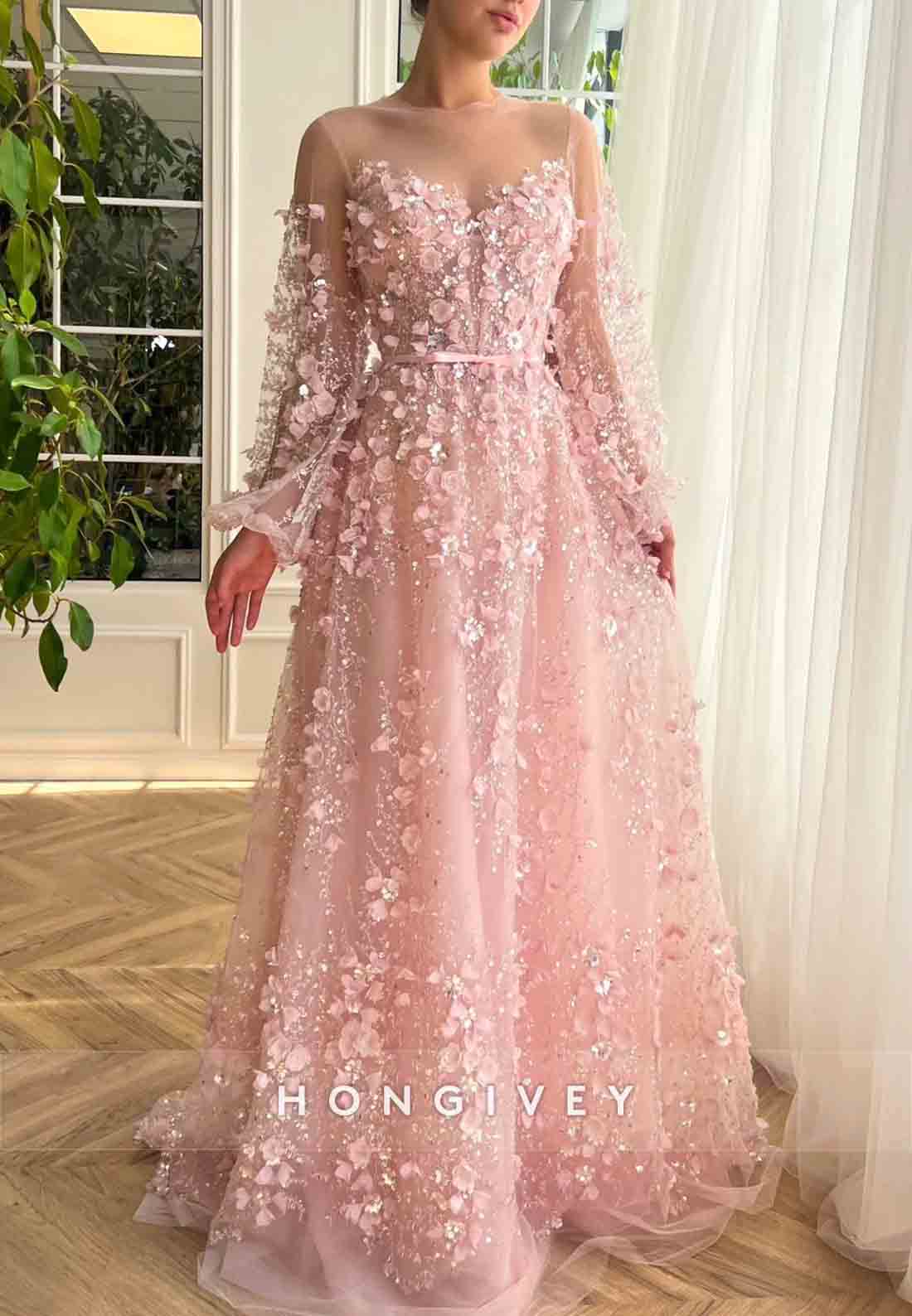 Pink A-Line Illusion Neck Long Sleeves Evening Gown with Embroidery