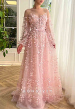 Pink A-Line Illusion Neck Long Sleeves Evening Gown with Embroidery
