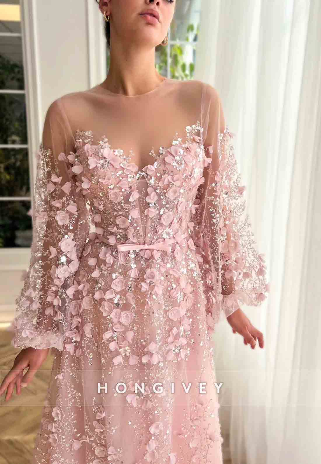Pink A-Line Illusion Neck Long Sleeves Evening Gown with Embroidery