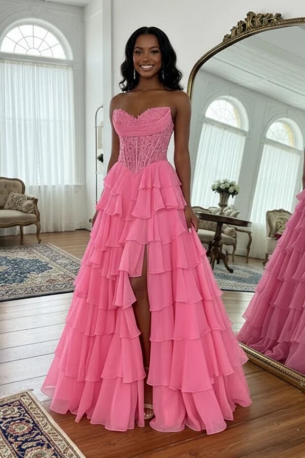 Pink Chiffon Tiered A Line Strapless Sweetheart Neck Prom Dresses With Slit