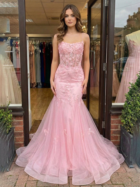 Pink Floral Lace Corset Mermaid Long Prom Dress