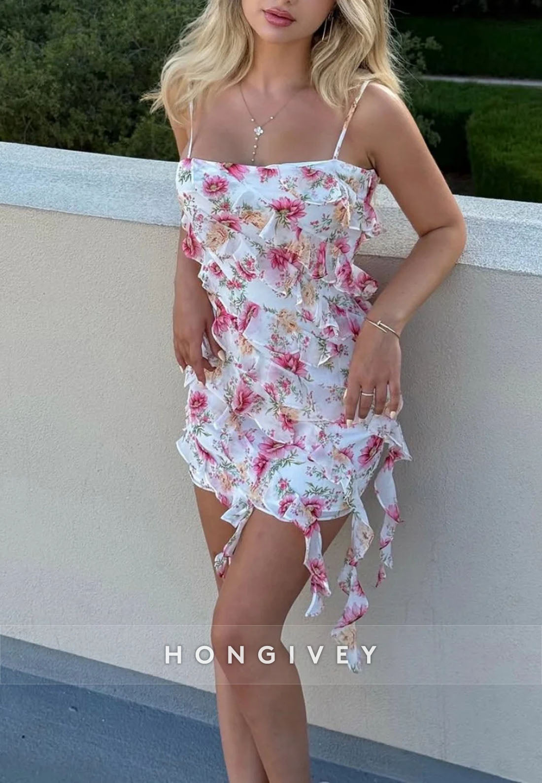 Pink Floral Square Neck Ruffle Spaghetti Straps Mini Homecoming Dress