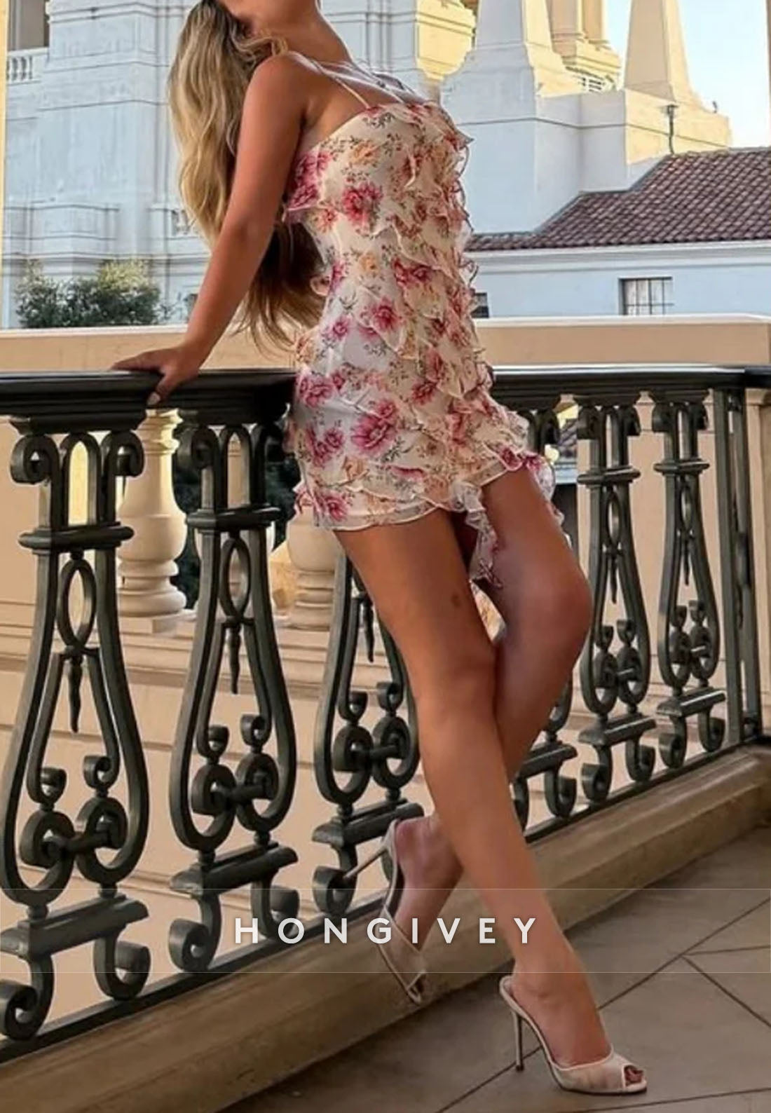 Pink Floral Square Neck Ruffle Spaghetti Straps Mini Homecoming Dress