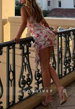 Pink Floral Square Neck Ruffle Spaghetti Straps Mini Homecoming Dress