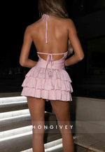 Pink Glitter Halter Neck Homecoming Mini Dress with Tiered Ruffles