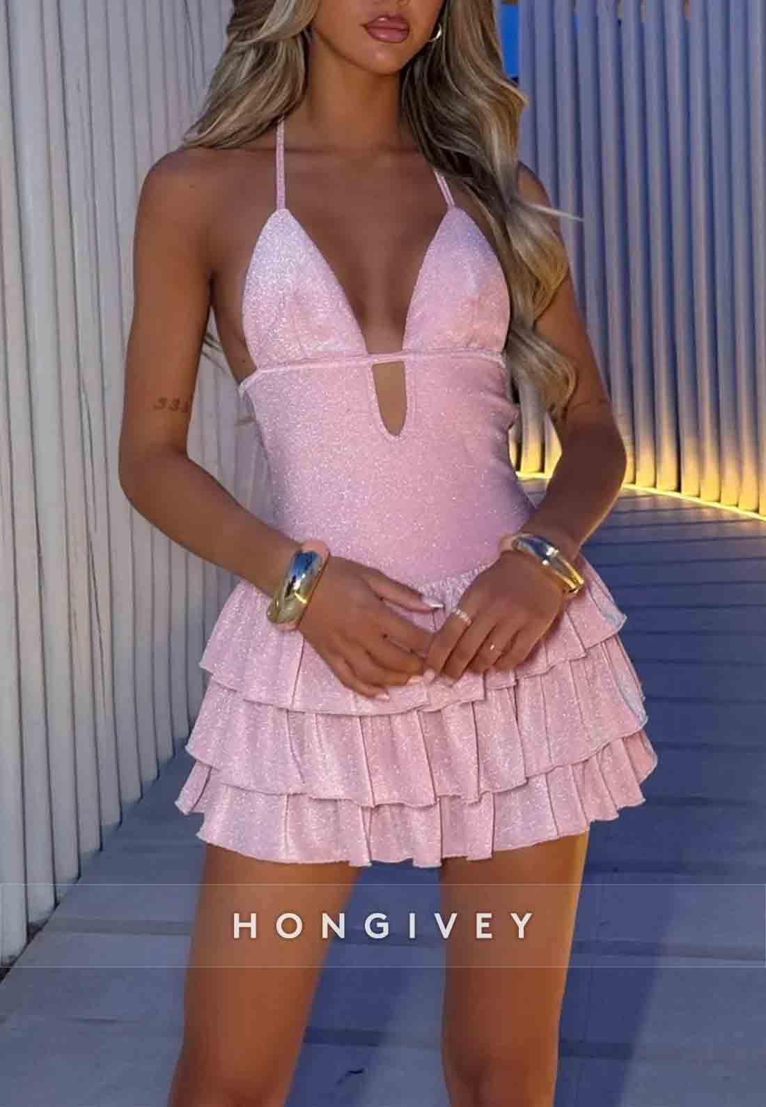 Pink Glitter Halter Neck Homecoming Mini Dress with Tiered Ruffles