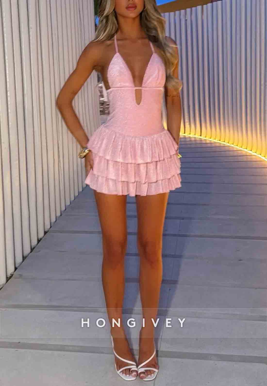 Pink Glitter Halter Neck Homecoming Mini Dress with Tiered Ruffles