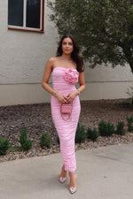 Pink Lemonade Draped Strapless Maxi Dress with Rose Embellishment