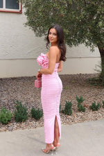 Pink Lemonade Draped Strapless Maxi Dress with Rose Embellishment