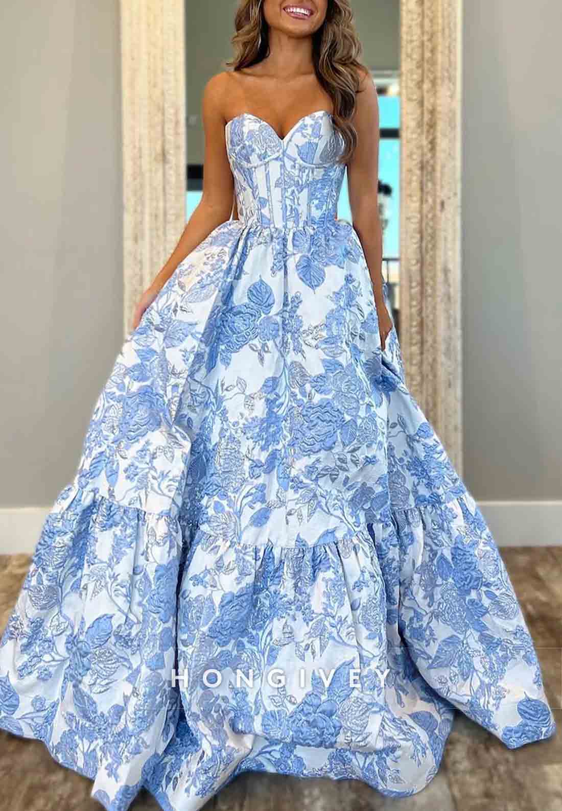 Floral Print Sweetheart Sweep Train Strapless Empire Princess Prom Dresses