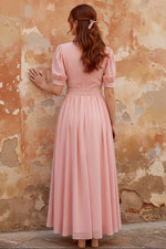 Pink Ruched Bow Chiffon V Neck Short Sleeve Evening Dress