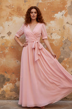 Pink Ruched Bow Chiffon V Neck Short Sleeve Evening Dress