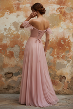 Pink Ruffled Tulle Off The Shoulder Short Sleeve A-Line Evening Dress