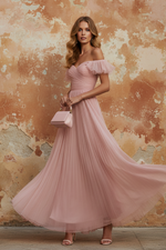 Pink Ruffled Tulle Off The Shoulder Short Sleeve A-Line Evening Dress