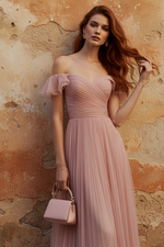 Pink Ruffled Tulle Off The Shoulder Short Sleeve A-Line Evening Dress