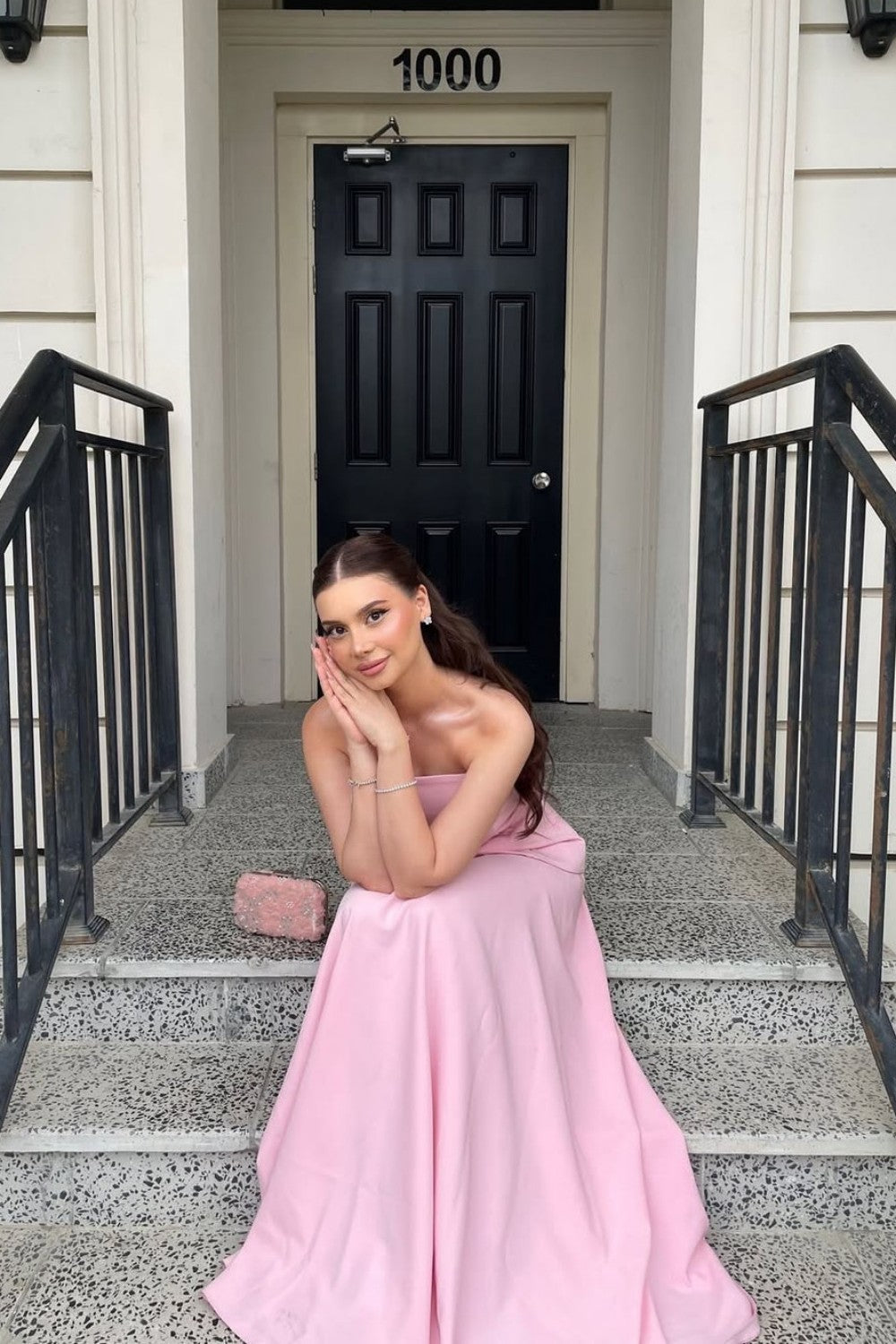 Light Pink Satin Strapless Floor Length Prom Dress