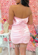 Pink Satin Strapless Mini Homecoming Dress with Bow Back and Ruched Skirt