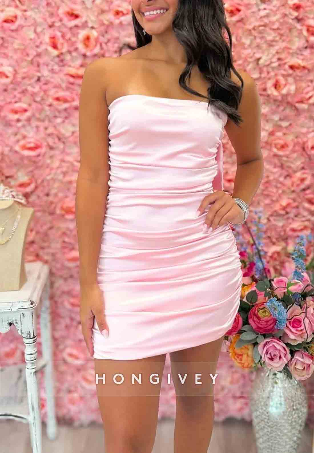 Pink Satin Strapless Mini Homecoming Dress with Bow Back and Ruched Skirt