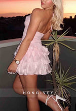 Pink Shimmer Halter Nack Backless Tiered Ruffle Mini Homecoming Dress