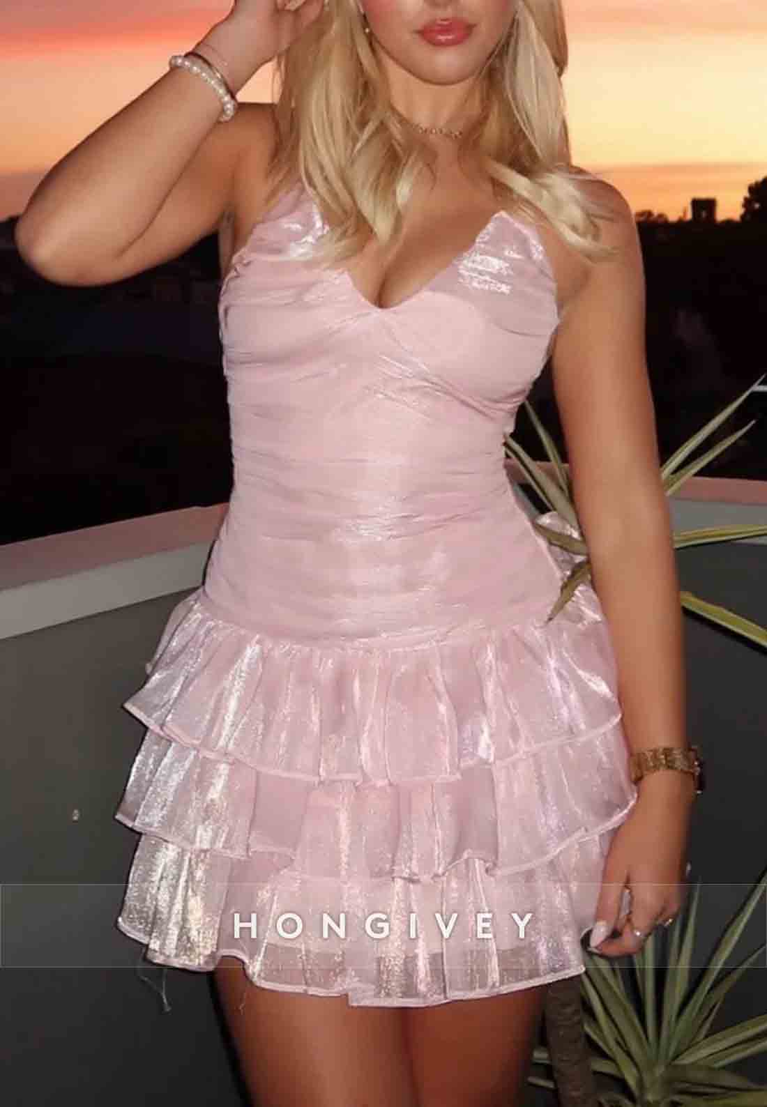 Pink Shimmer Halter Nack Backless Tiered Ruffle Mini Homecoming Dress