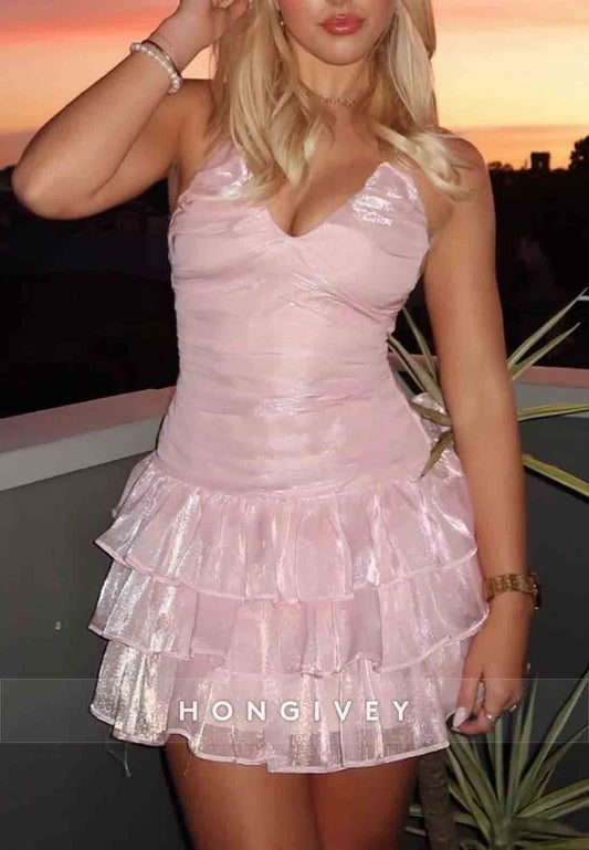 Pink Shimmer Halter Nack Backless Tiered Ruffle Mini Homecoming Dress
