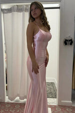 Pink Silk Like Satin Mermaid Scoop Spaghetti Strap Long Prom Dresses