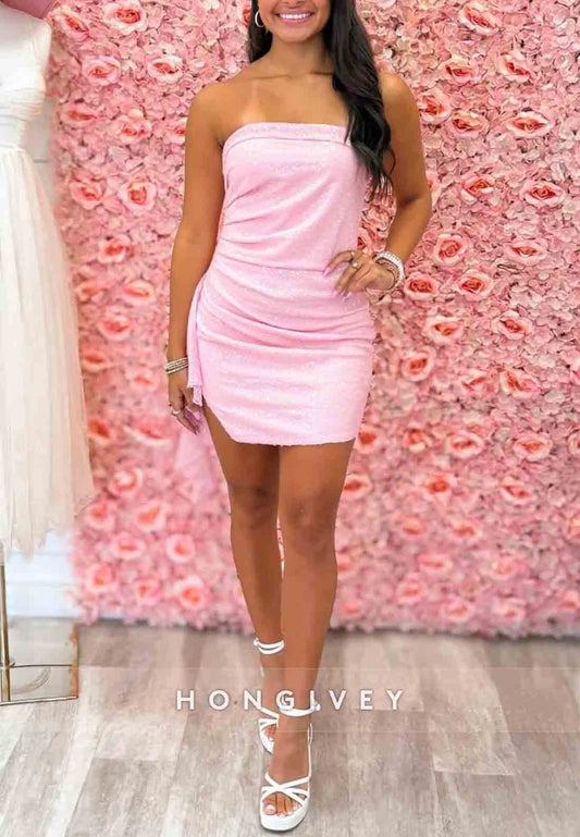 Pink Strapless Ruched Bodycon Mini Homecoming Dress with Side Drape Detail