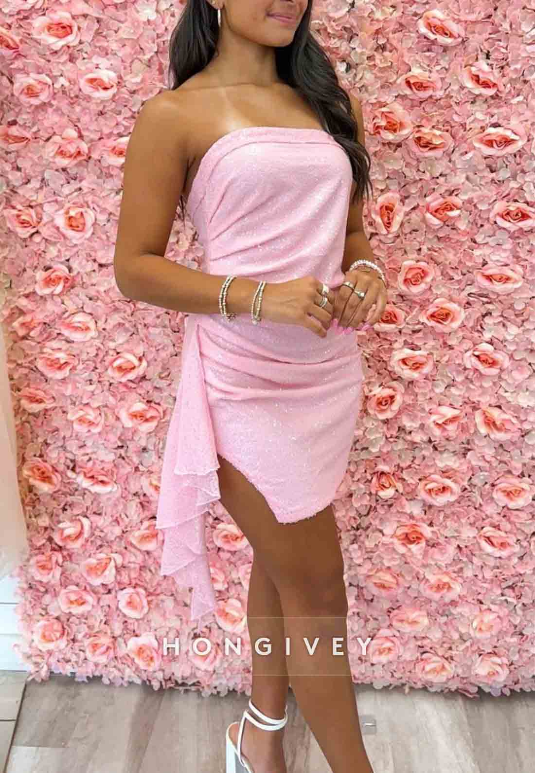 Pink Strapless Ruched Bodycon Mini Homecoming Dress with Side Drape Detail