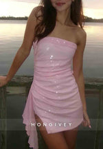 Pink Strapless Sequin Ruched Mini Homecoming Dress with Side Draping Detail
