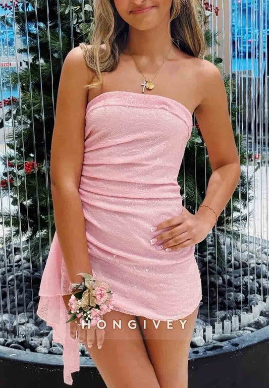 Pink Strapless Sequin Ruched Mini Homecoming Dress with Side Draping Detail