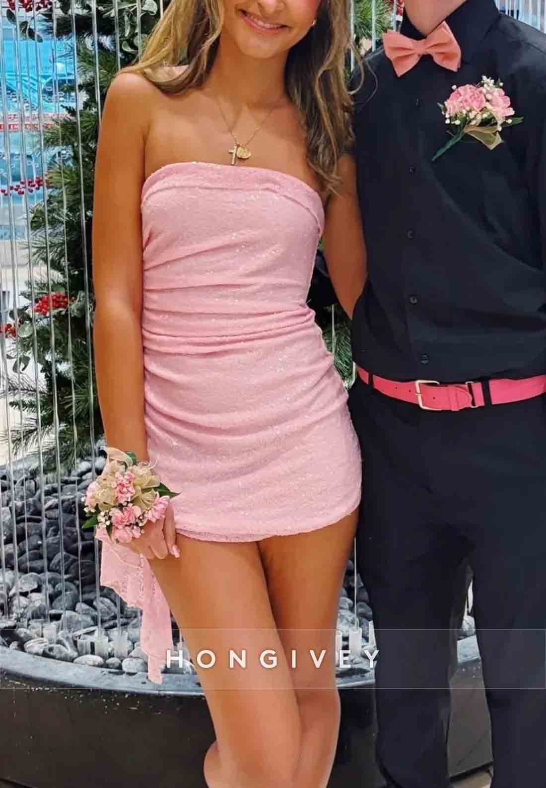 Pink Strapless Sequin Ruched Mini Homecoming Dress with Side Draping Detail