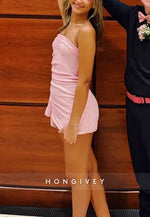 Pink Strapless Sequin Ruched Mini Homecoming Dress with Side Draping Detail