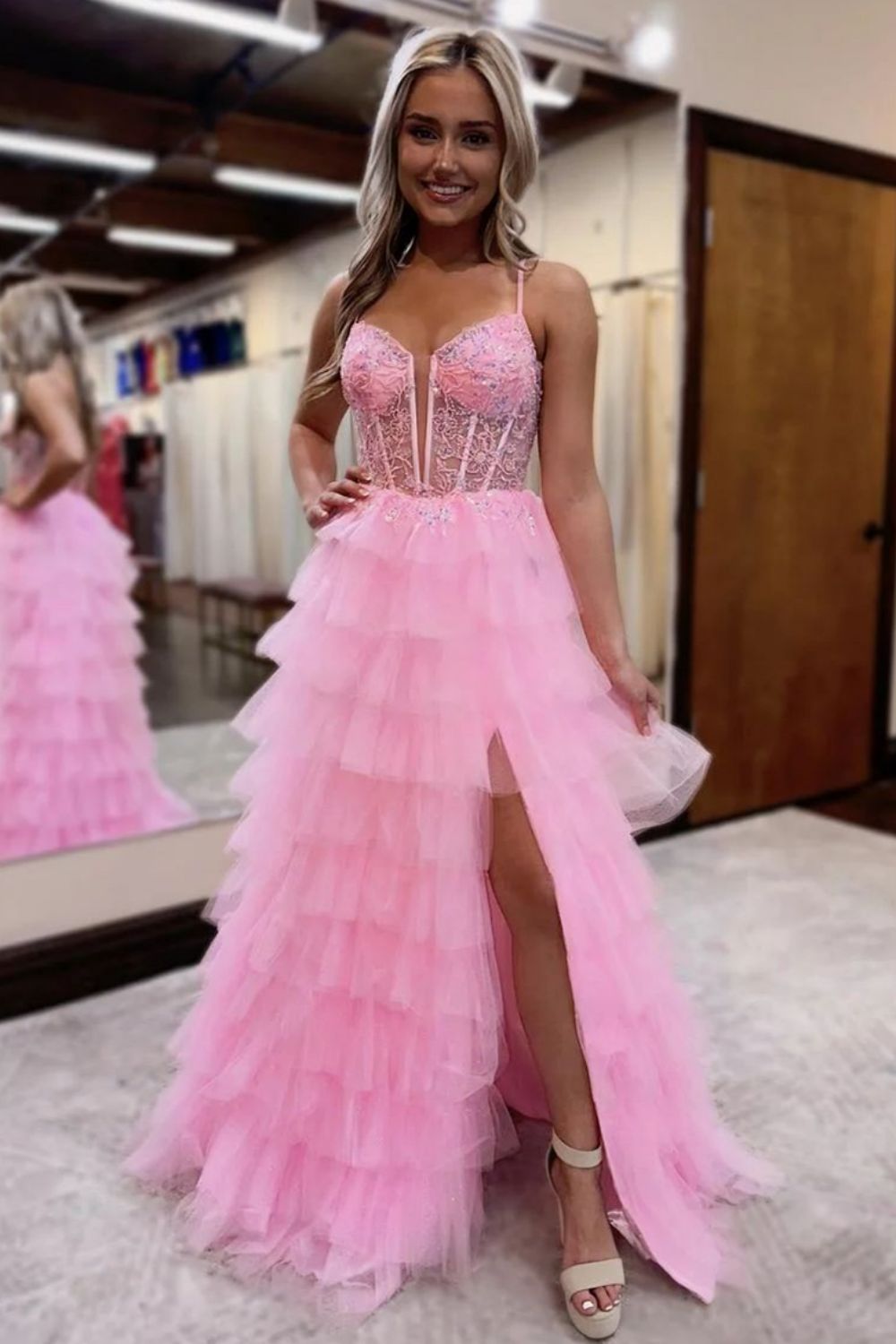 Pink A-Line Spaghetti Straps Lace Up Long Tiered Tulle Prom Dress