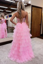 Pink A-Line Spaghetti Straps Lace Up Long Tiered Tulle Prom Dress