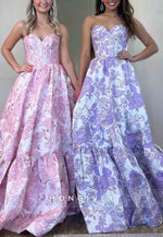 Floral Print Sweetheart Sweep Train Strapless Empire Princess Prom Dresses