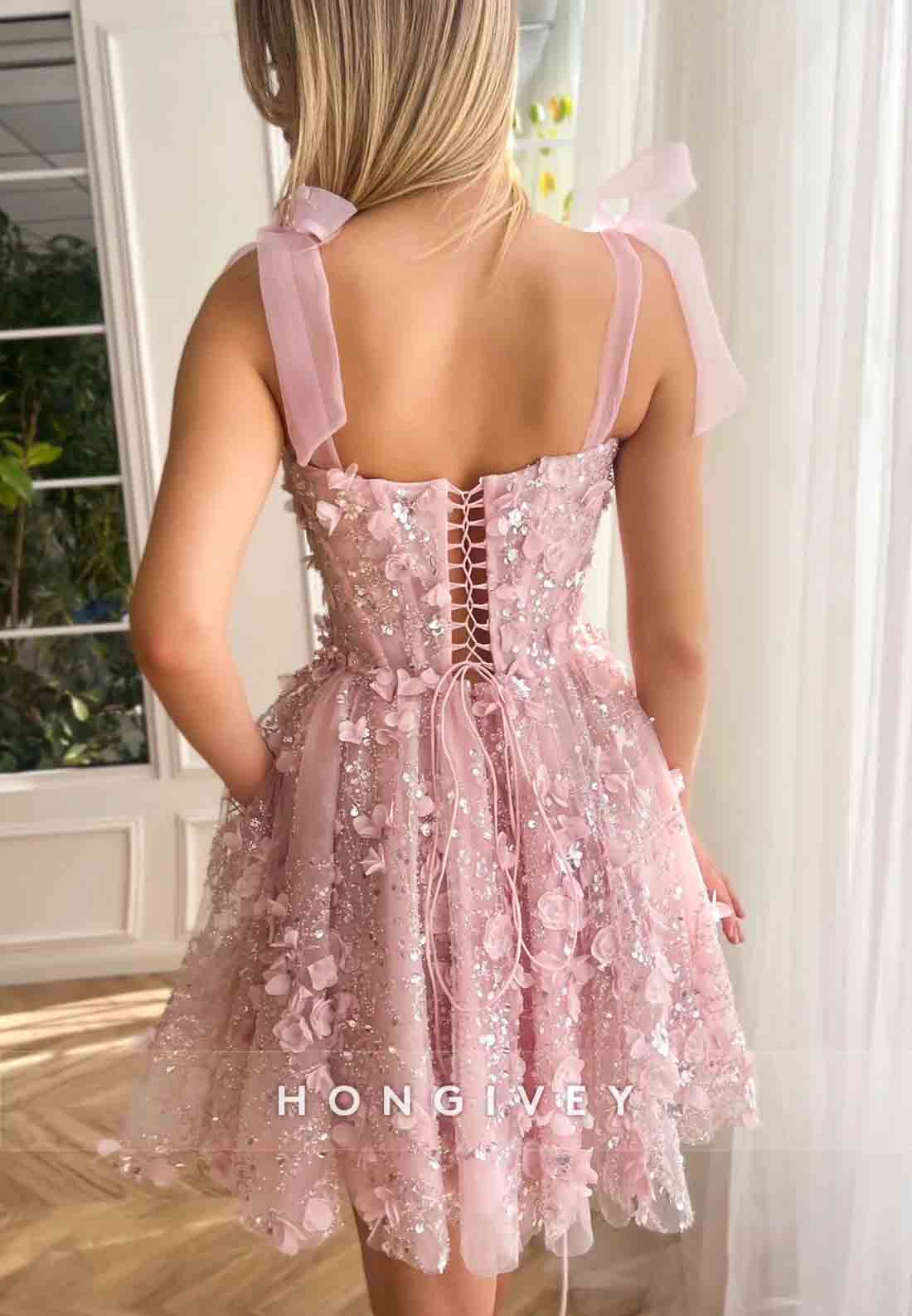 Pink A-Line Tie Back Mini Homecoming Dress with Bow Straps and Embroidery