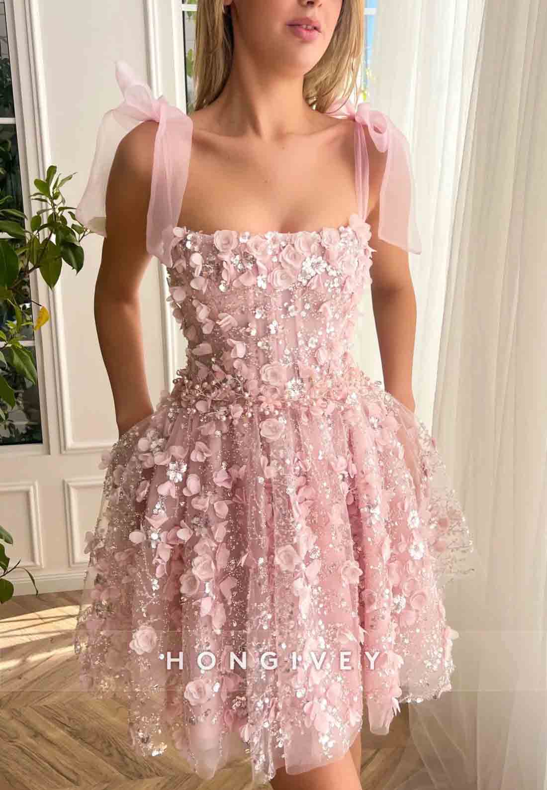 Pink A-Line Tie Back Mini Homecoming Dress with Bow Straps and Embroidery