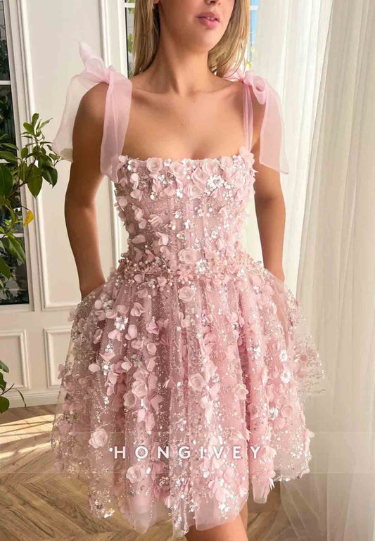 Pink A-Line Tie Back Mini Homecoming Dress with Bow Straps and Embroidery