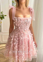 Pink A-Line Tie Back Mini Homecoming Dress with Bow Straps and Embroidery