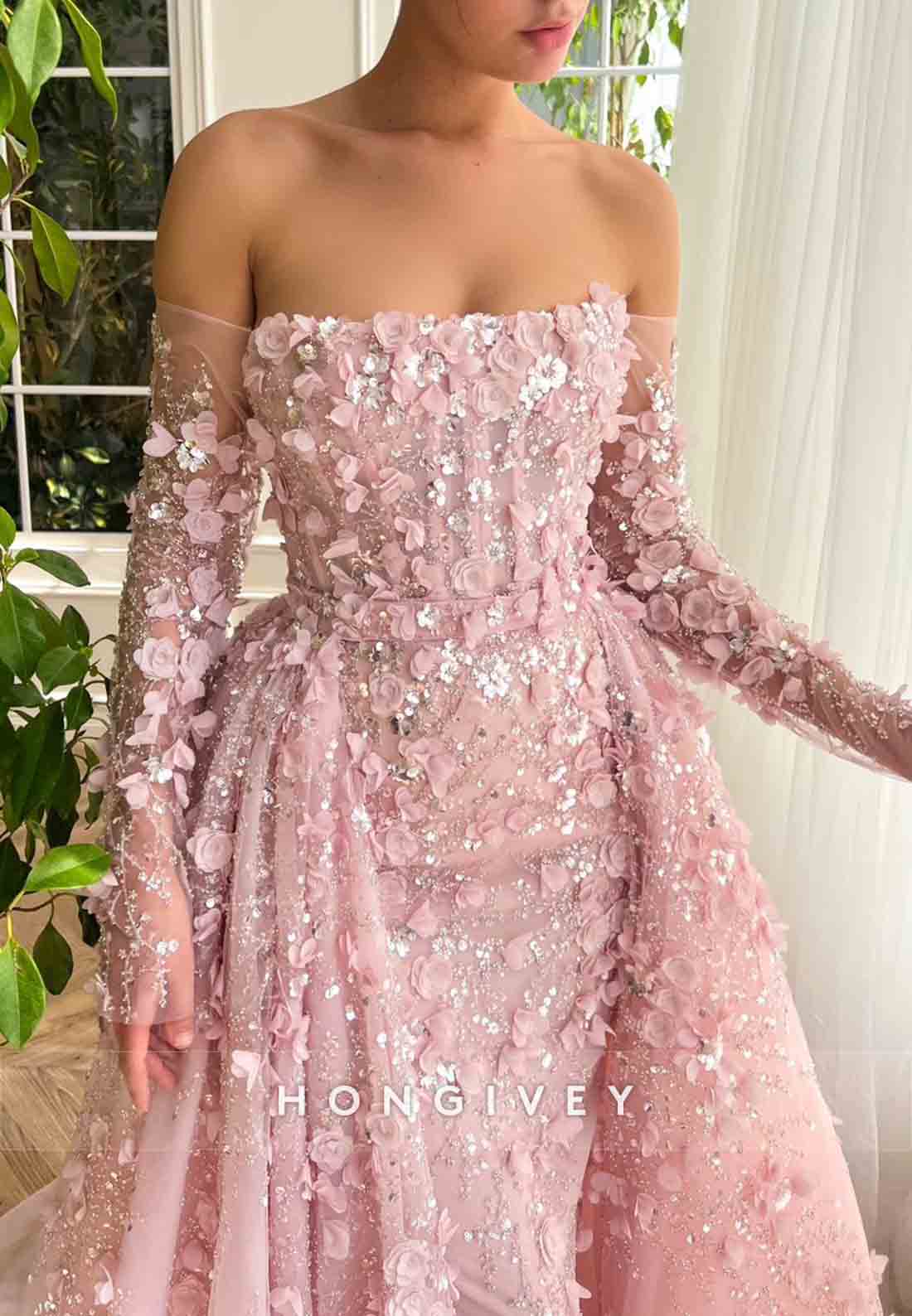 Pink Overskirt and A-Line dress with Off the Shoulder Long Sleeves and Embroidery