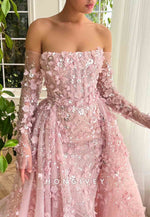 Pink Overskirt and A-Line dress with Off the Shoulder Long Sleeves and Embroidery