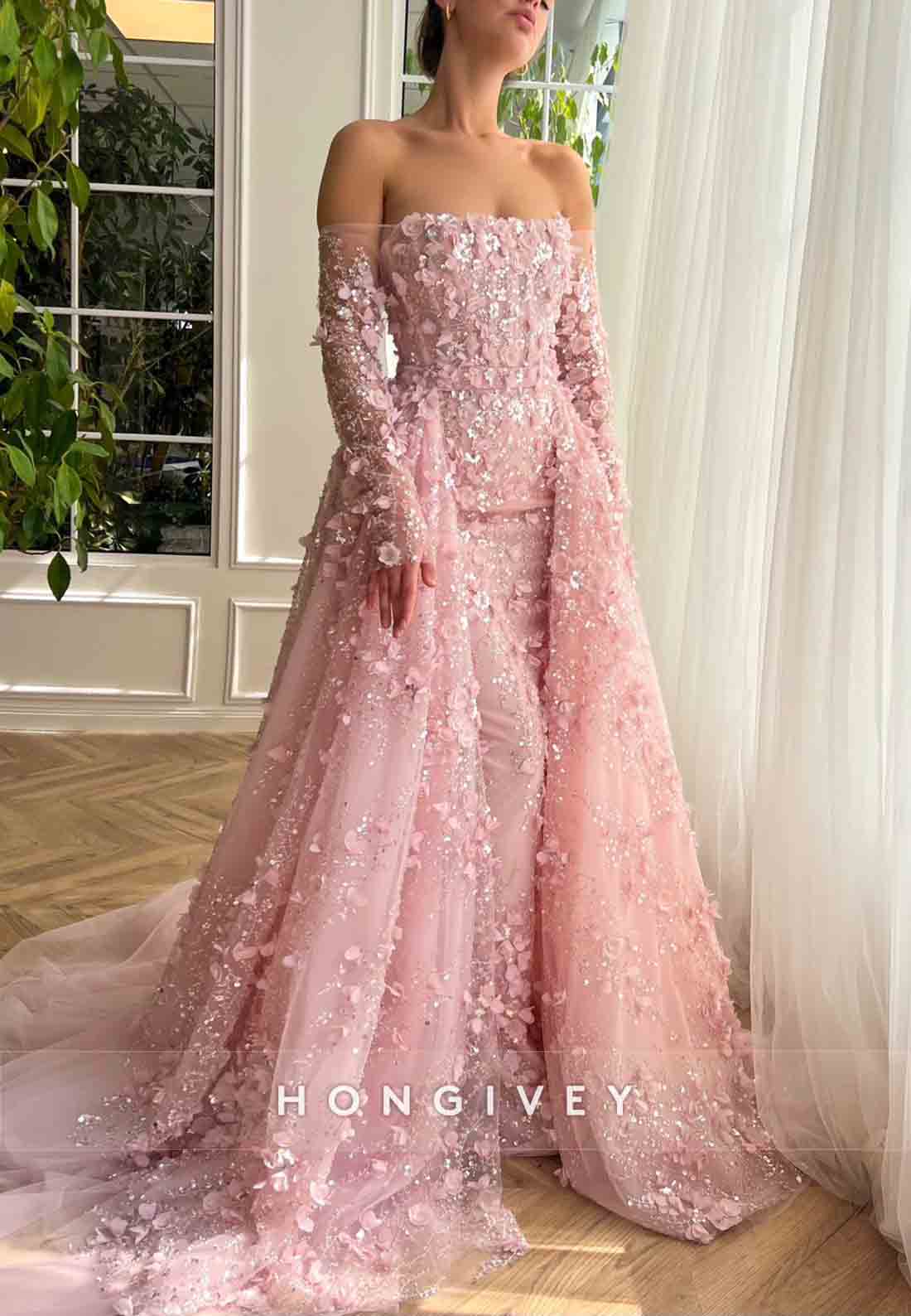 Pink Overskirt and A-Line dress with Off the Shoulder Long Sleeves and Embroidery